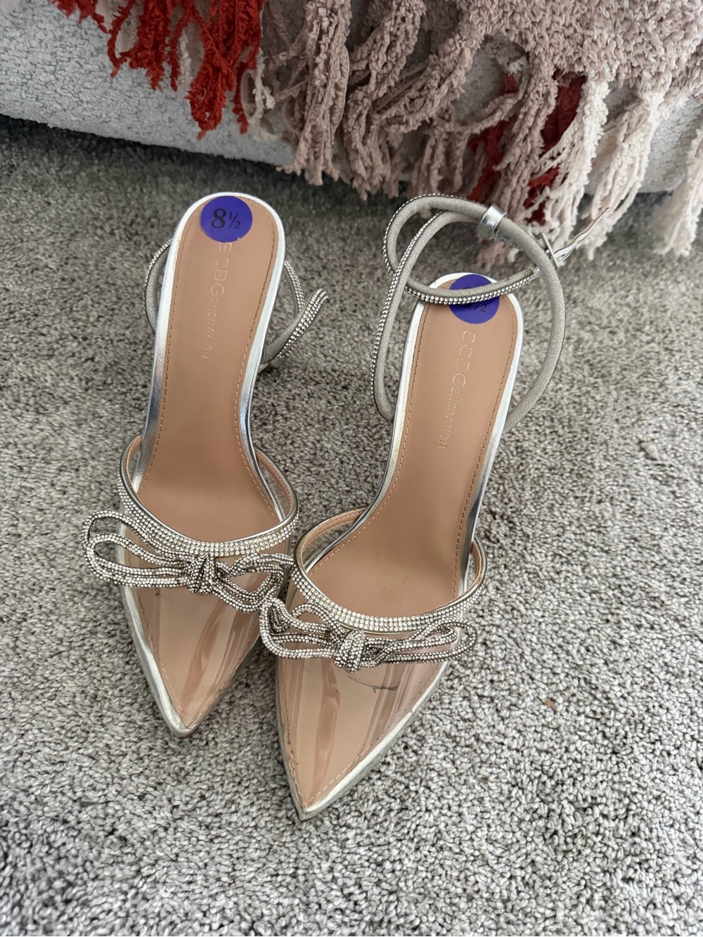 BCBG Silver Clear Pointed-Toe Slingback Heels with Rhinestone Bow